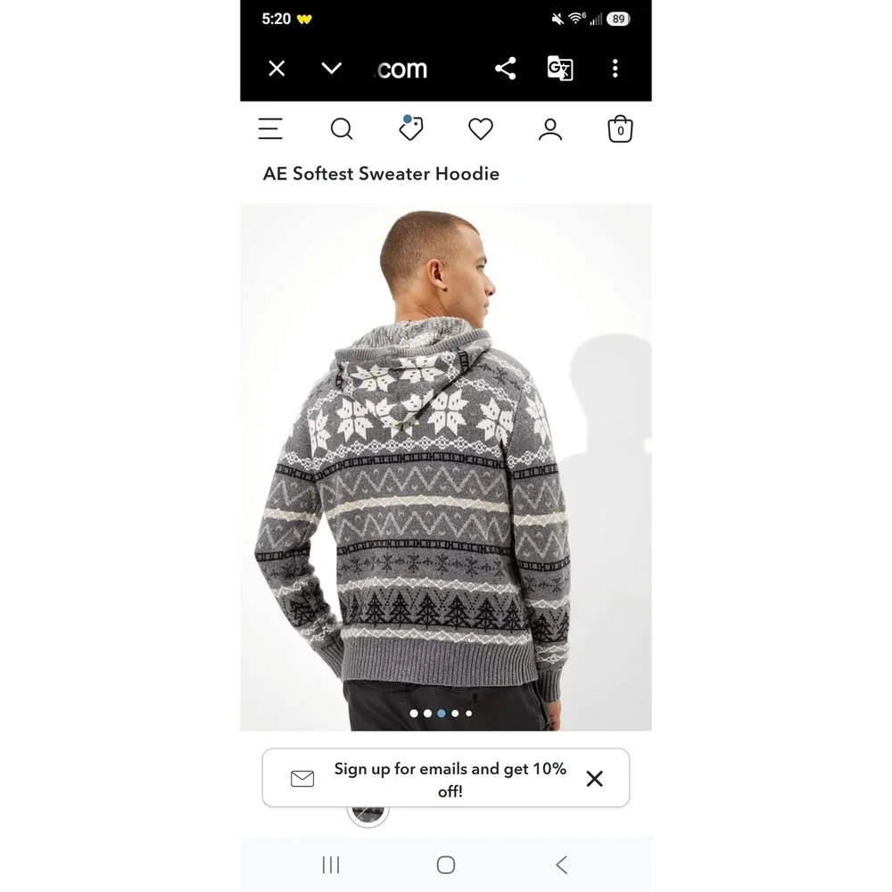American Eagle Softest Sweater Hoodie Mens XS Gray Nordic Snowflake Fair Isle VG